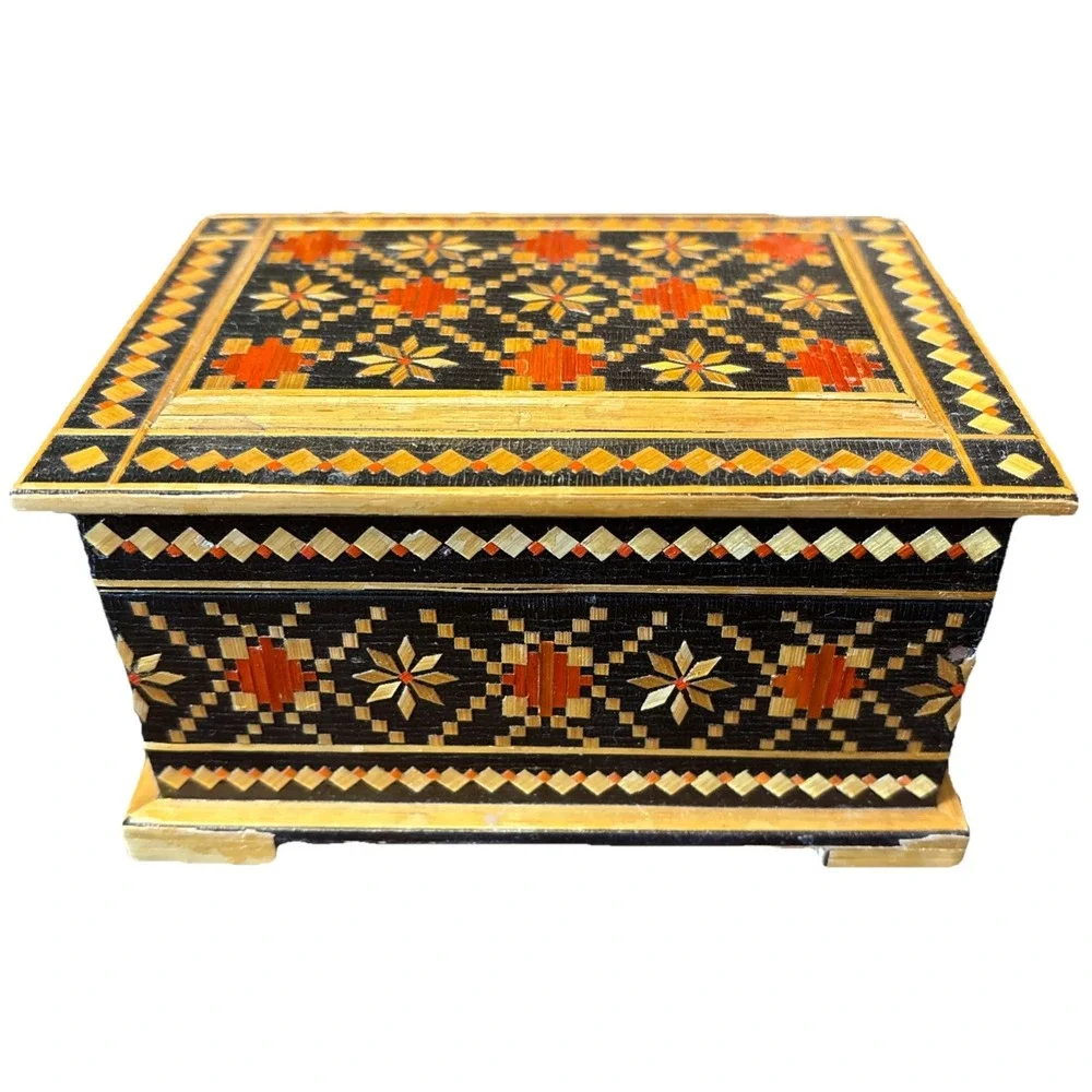 Vintage‎ USSR Soviet Marquetry Inlaid Wood Box Geometric Folk Art Trinket Box 4